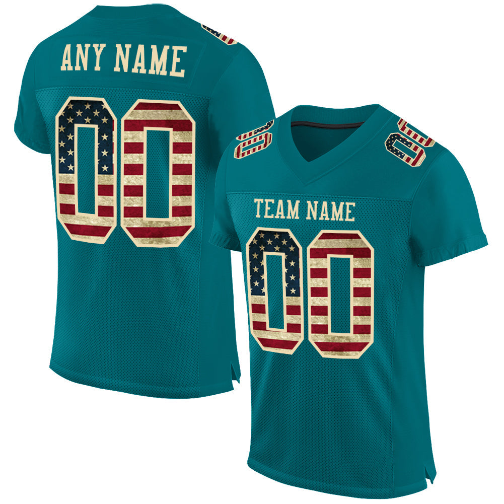 Custom Teal Vintage USA Flag-City Cream Mesh Authentic Football Jersey Limited