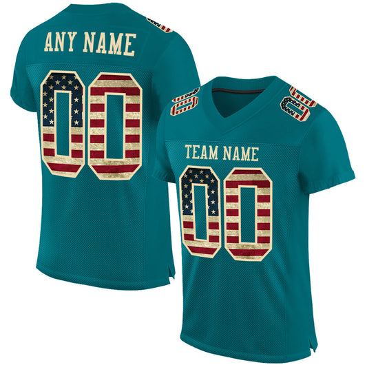 Custom Teal Vintage USA Flag-City Cream Mesh Authentic Football Jersey Limited