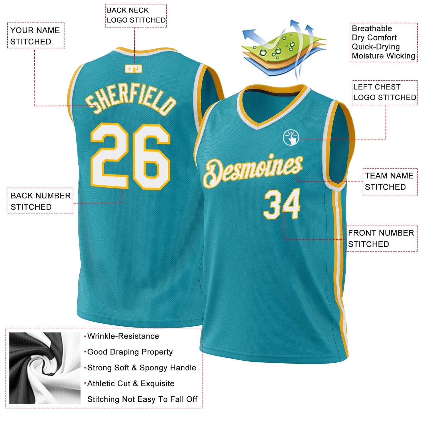 Custom Teal White-Gold Authentic Throwback Basketball Jersey Limited