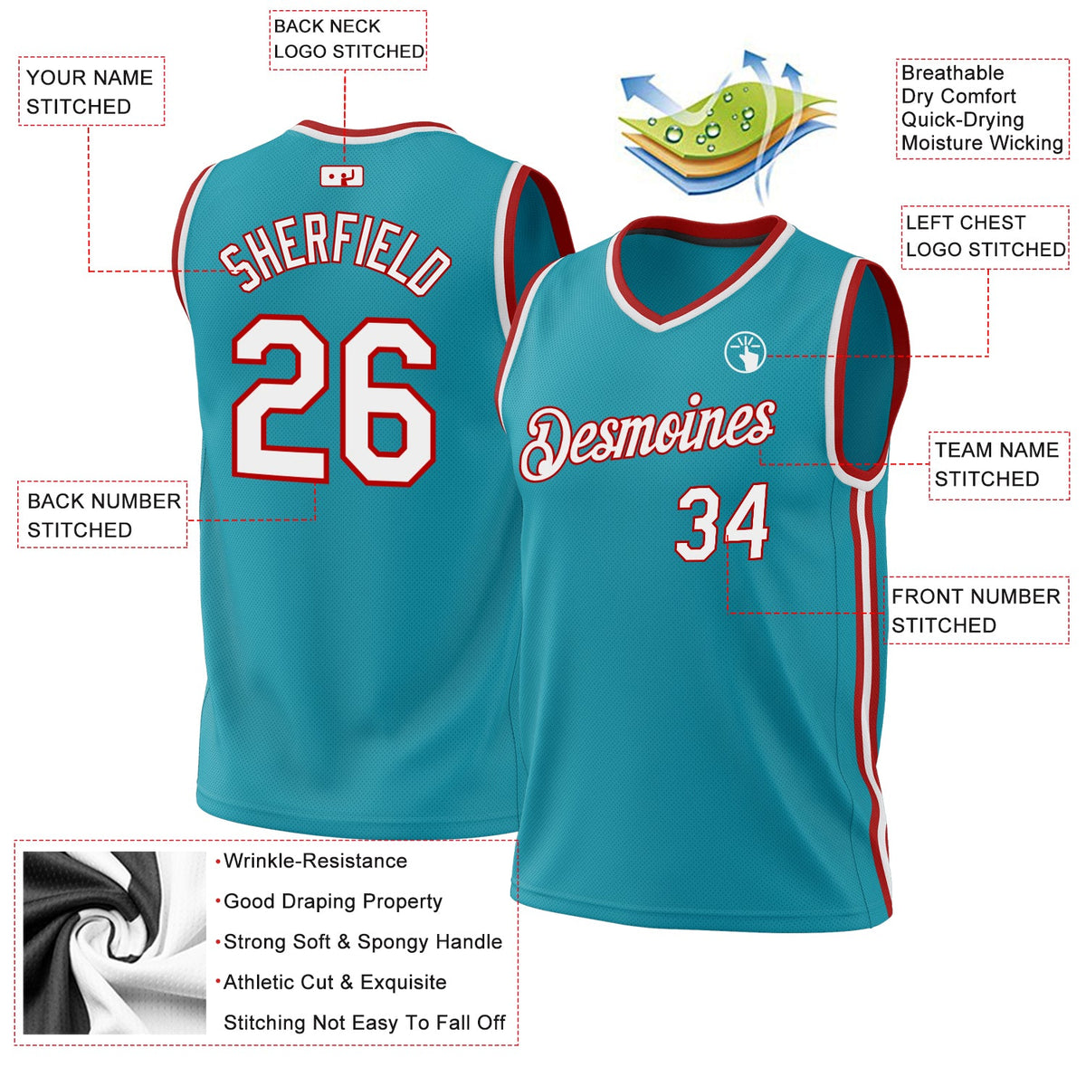 Custom Teal White-Red Authentic Throwback Basketball Jersey Limited