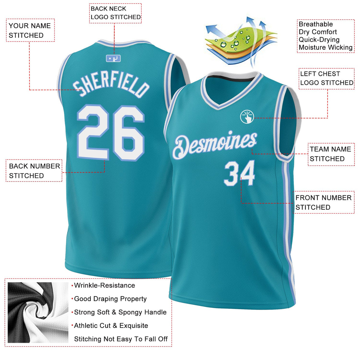 Custom Teal White-Light Blue Authentic Throwback Basketball Jersey Limited