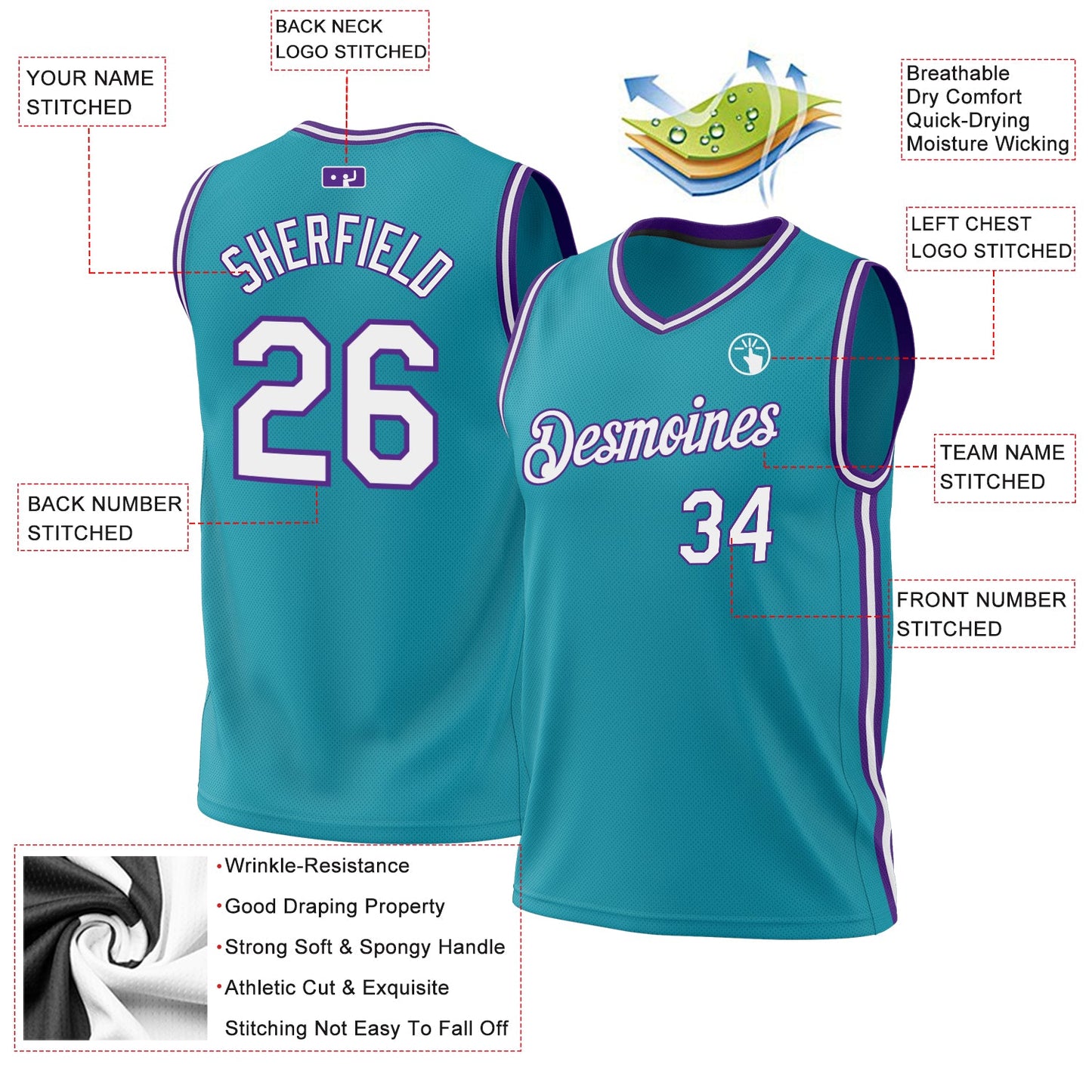 Custom Teal White-Purple Authentic Throwback Basketball Jersey Limited