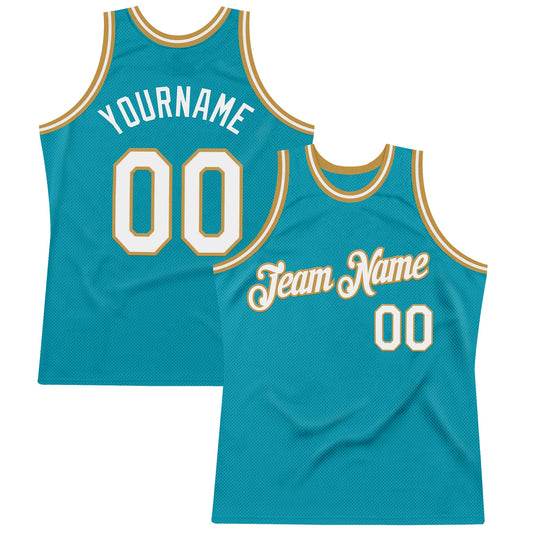 Custom Teal White-Old Gold Authentic Throwback Basketball Jersey