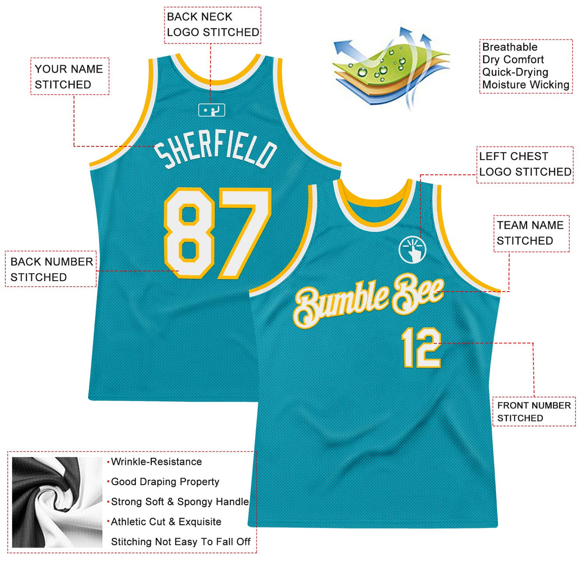 Custom Teal White-Gold Authentic Throwback Basketball Jersey Limited
