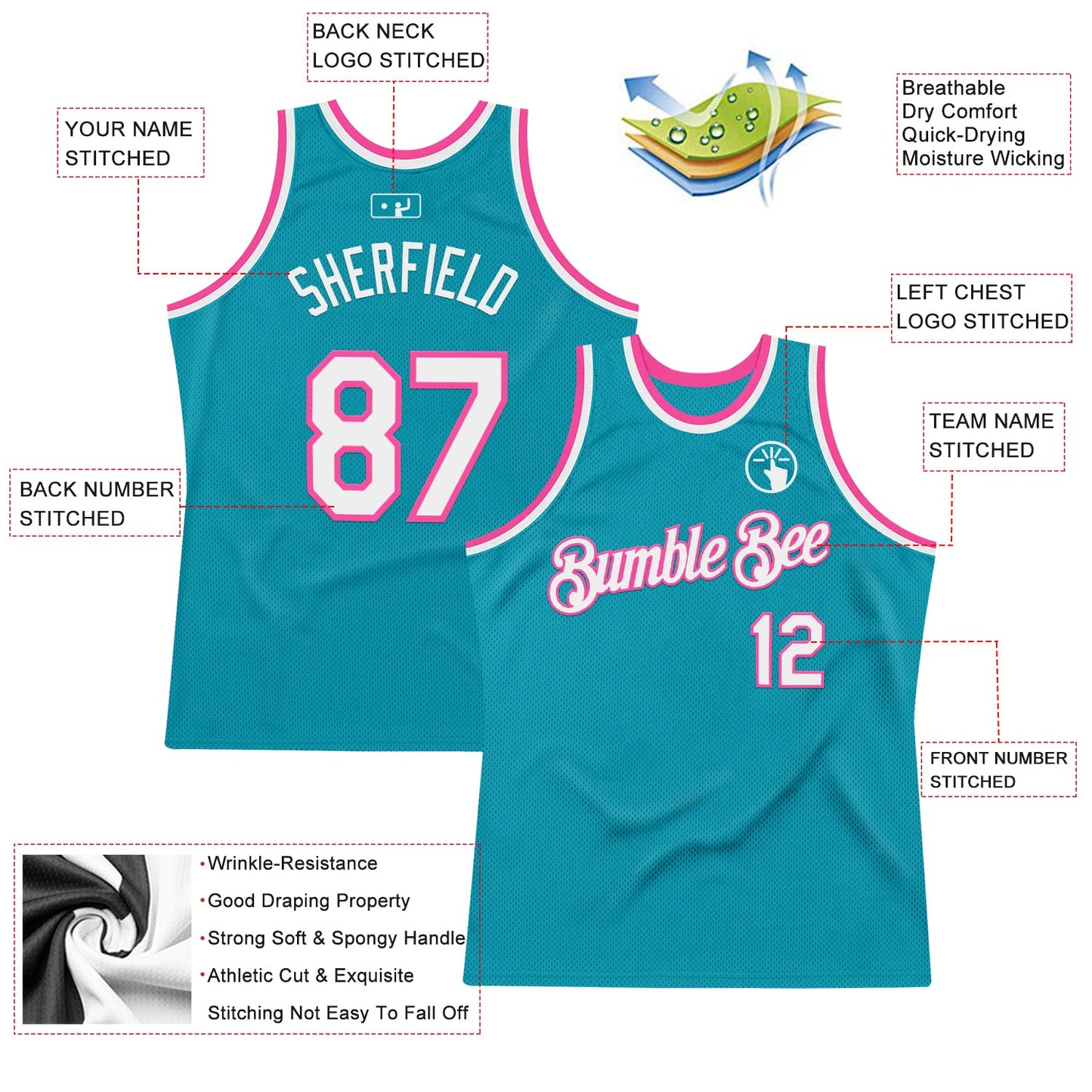 Custom Teal White-Pink Authentic Throwback Basketball Jersey Limited