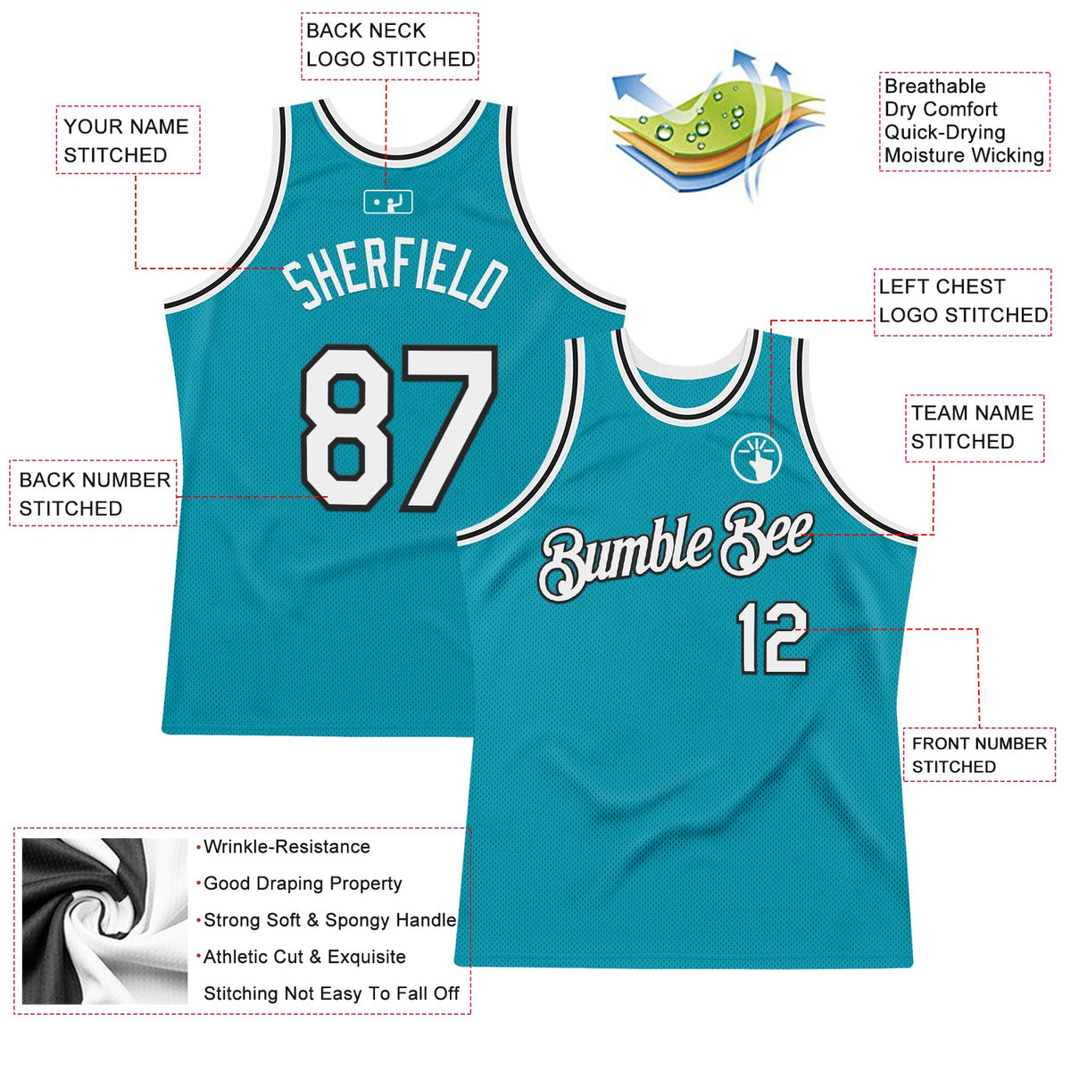 Custom Teal White-Black Authentic Throwback Basketball Jersey Limited