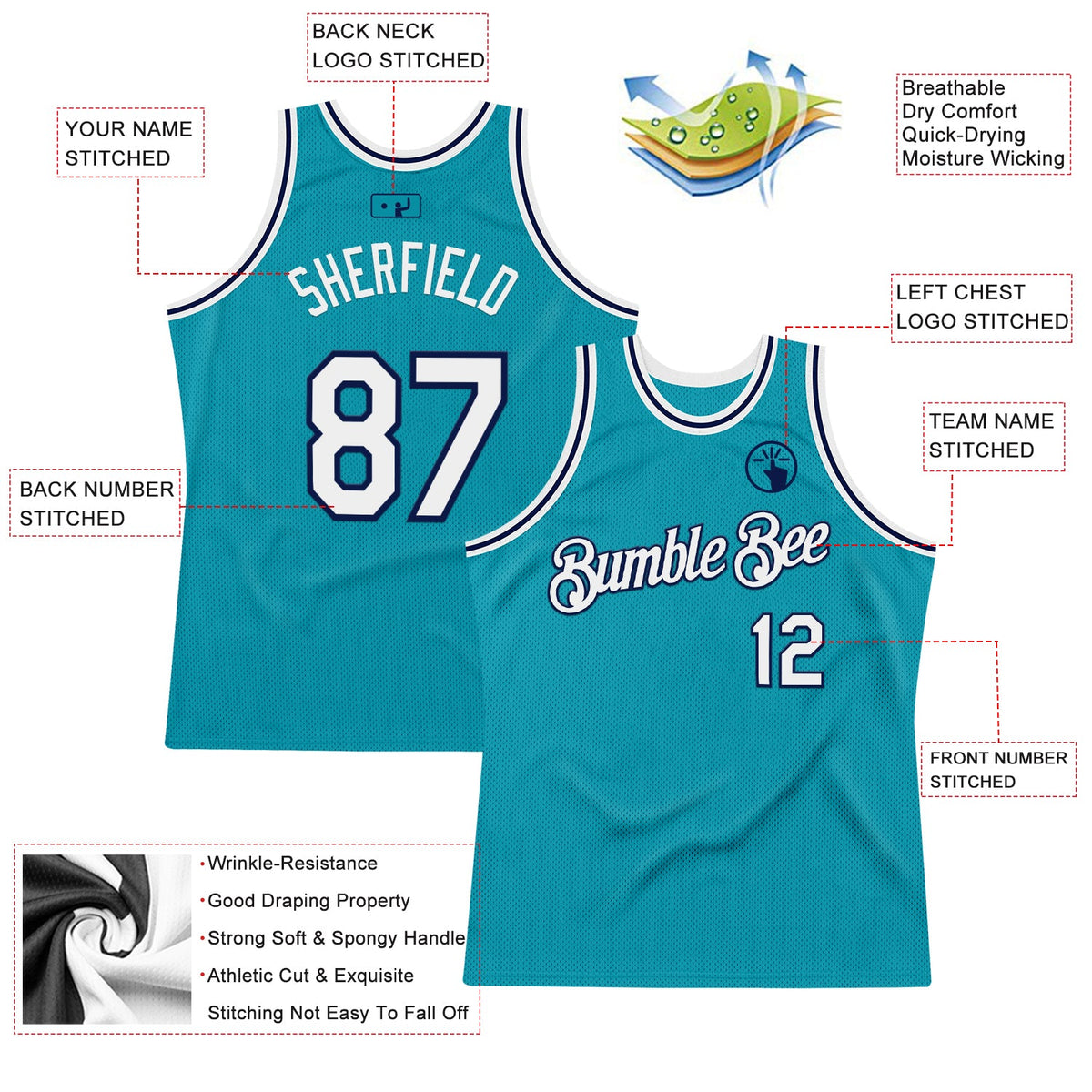 Custom Teal White-Navy Authentic Throwback Basketball Jersey Limited