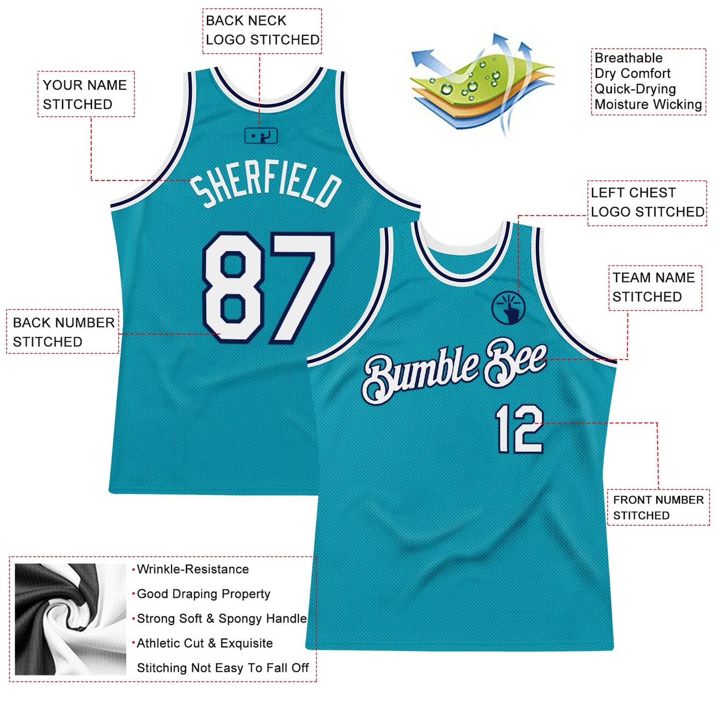 Custom Teal White-Navy Authentic Throwback Basketball Jersey Limited