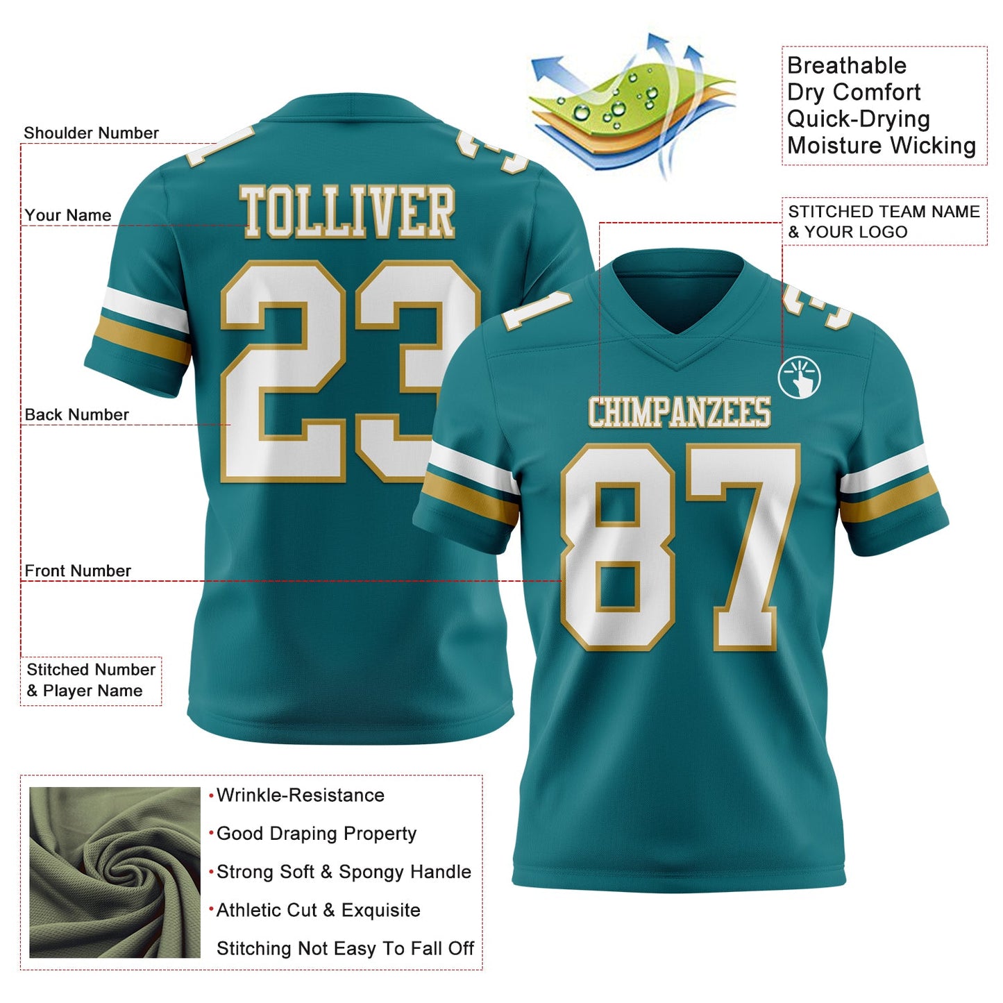 Custom Teal White-Old Gold Authentic Football Jersey Limited