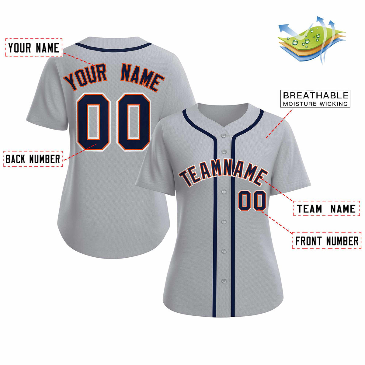 Custom Gray Navy Orange Classic Style Baseball Jersey for Women Limited