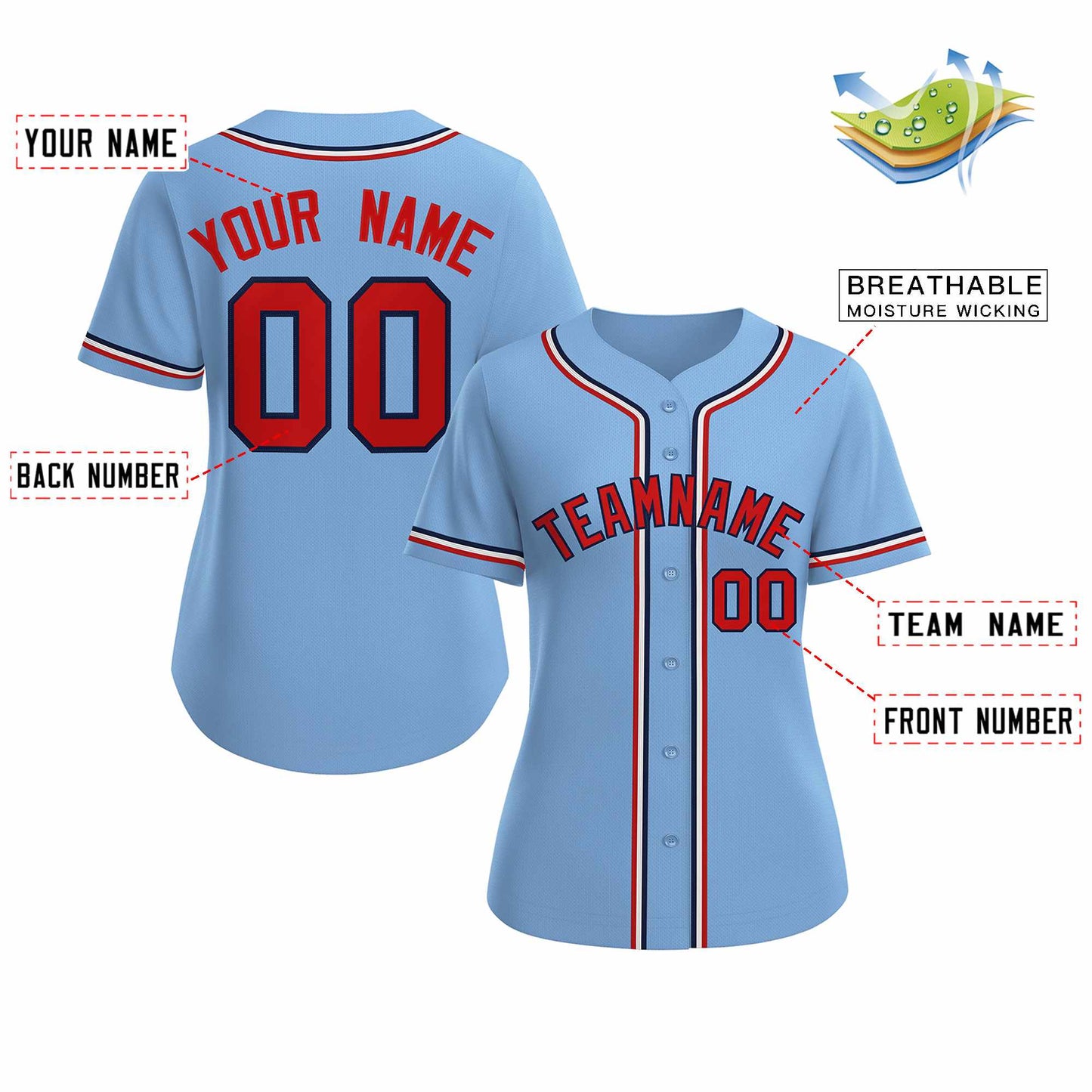 Custom Light Blue Red Navy Classic Style Baseball Jersey for Women Limited