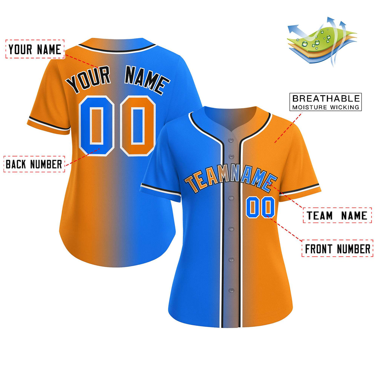 Custom Light Blue Orange-White Gradient Fashion Baseball Jersey For Women Limited