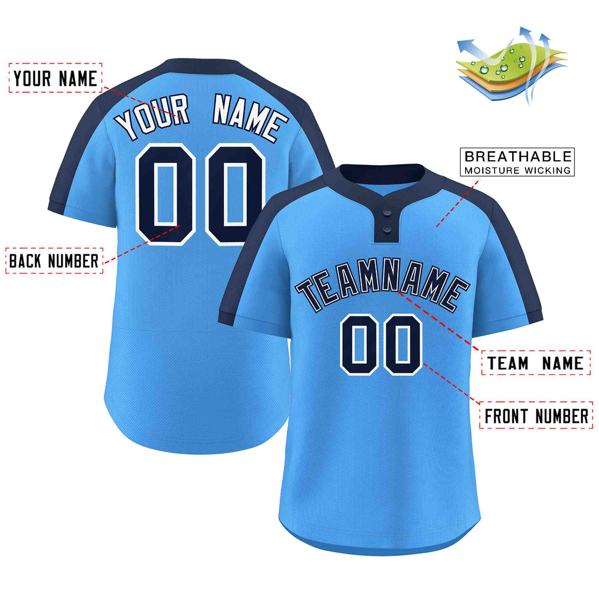Custom Powder Blue Navy-White Classic Style Authentic Two-Button Softball Jersey Limited