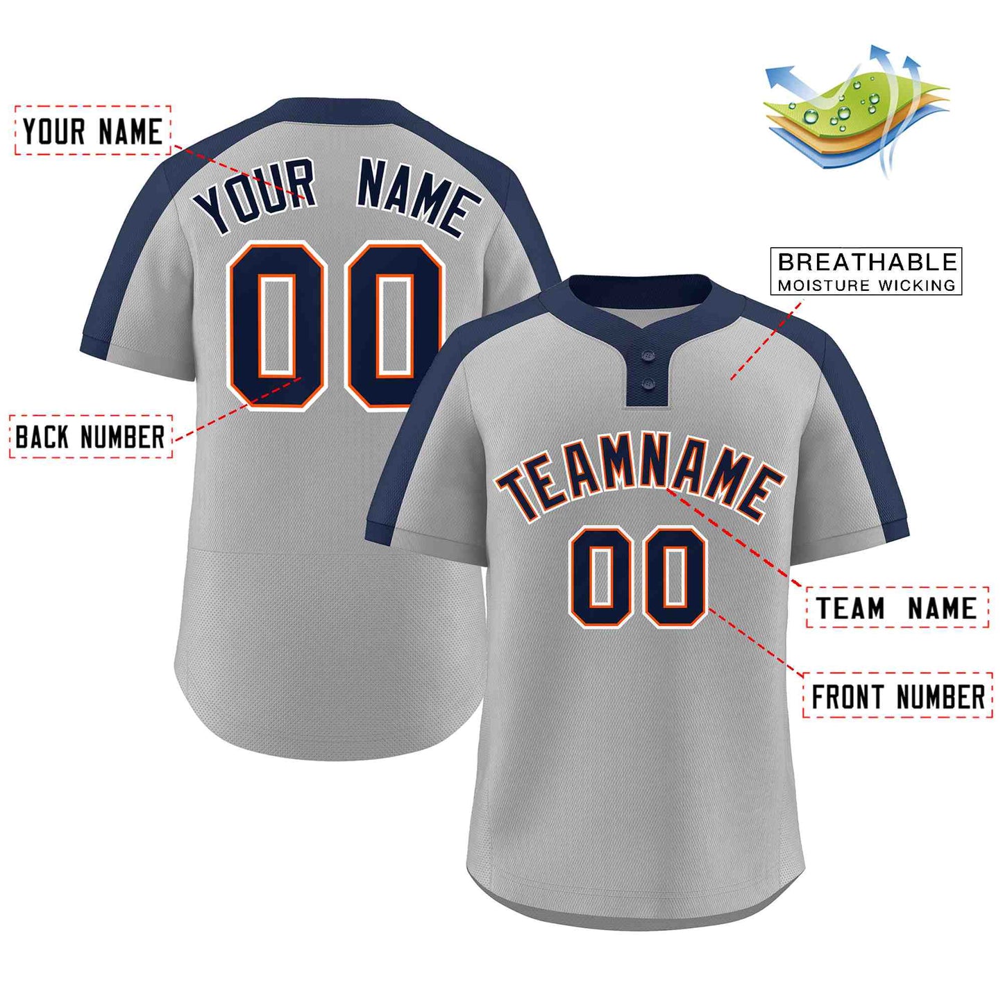 Custom Gray Navy-Orange Classic Style Authentic Two-Button Softball Jersey Limited