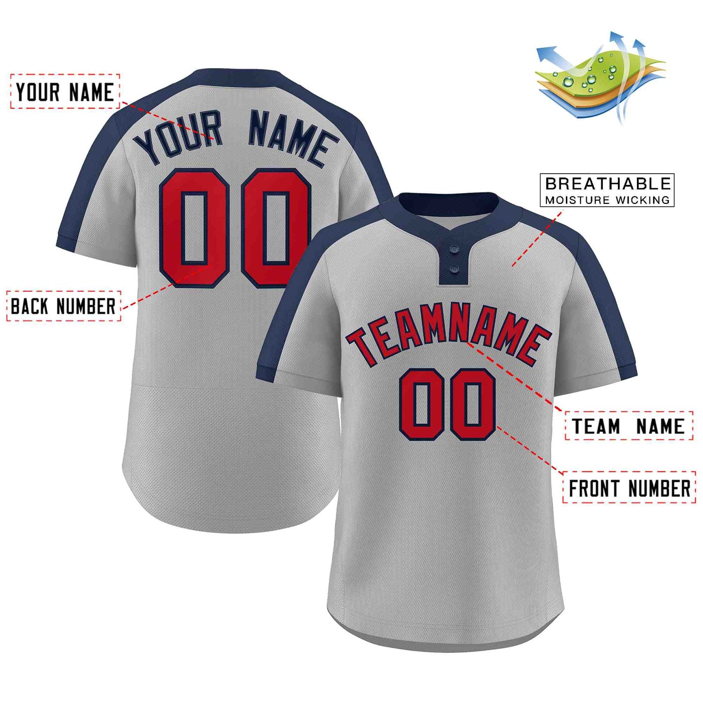 Custom Gray Red-Navy Classic Style Authentic Two-Button Softball Jersey Limited