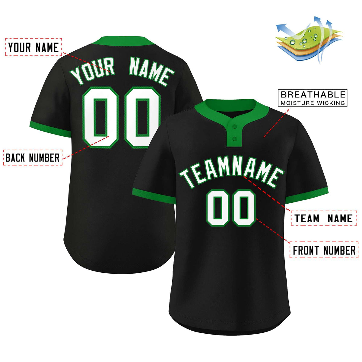 Custom Black White-Kelly Green Classic Style Authentic Two-Button Softball Jersey Limited
