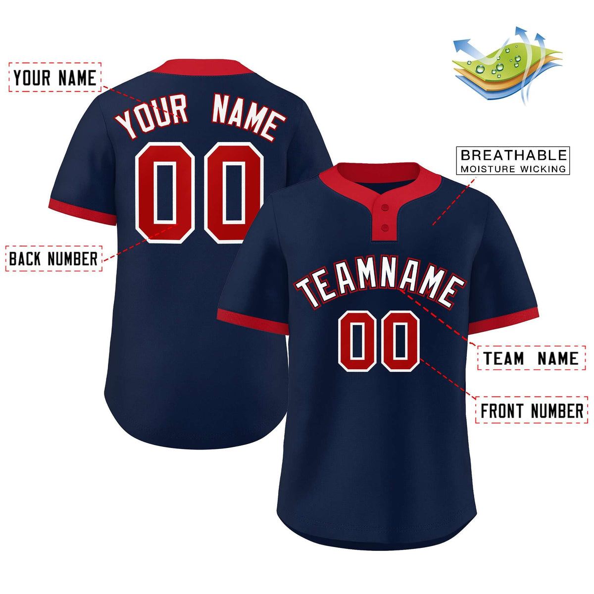 Custom Navy White-Red Classic Style Authentic Two-Button Softball Jersey Limited