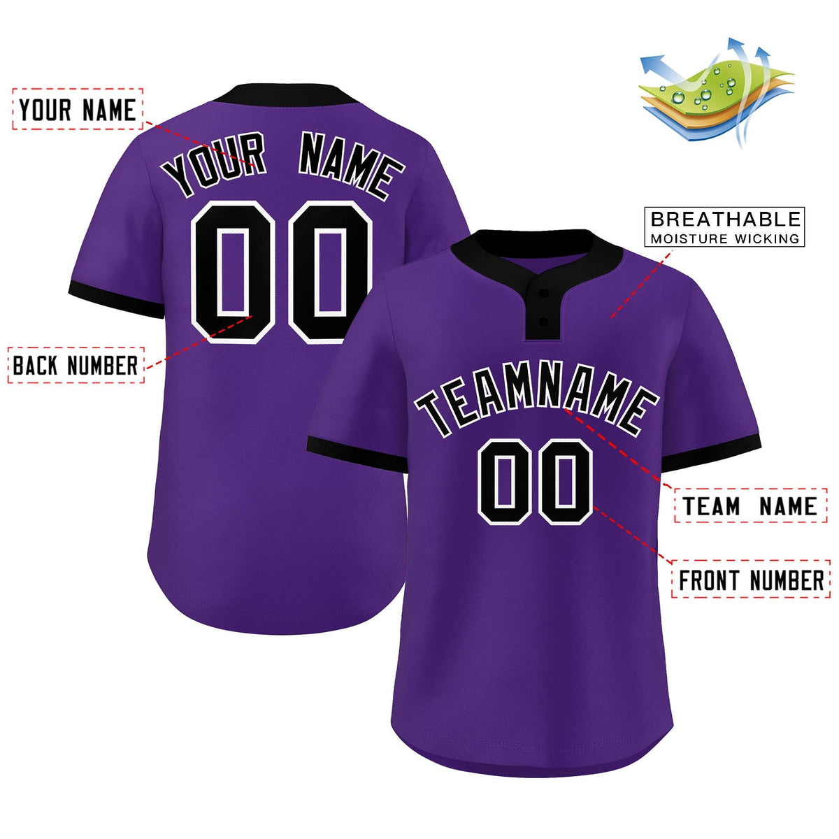 Custom Purple Black-White Classic Style Authentic Two-Button Softball Jersey Limited