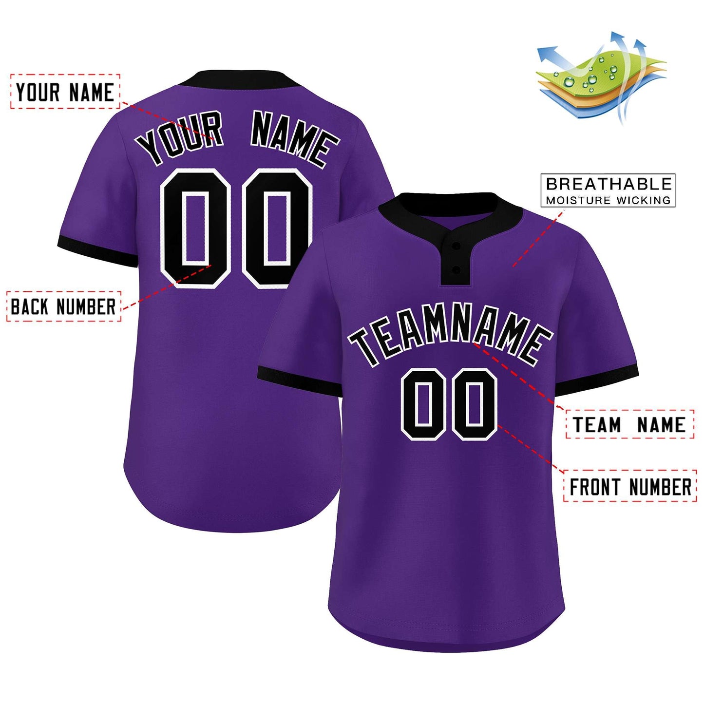 Custom Purple Black-White Classic Style Authentic Two-Button Softball Jersey Limited