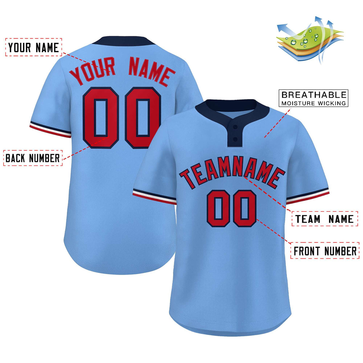 Custom Light Blue Red-Navy Classic Style Authentic Two-Button Softball Jersey Limited