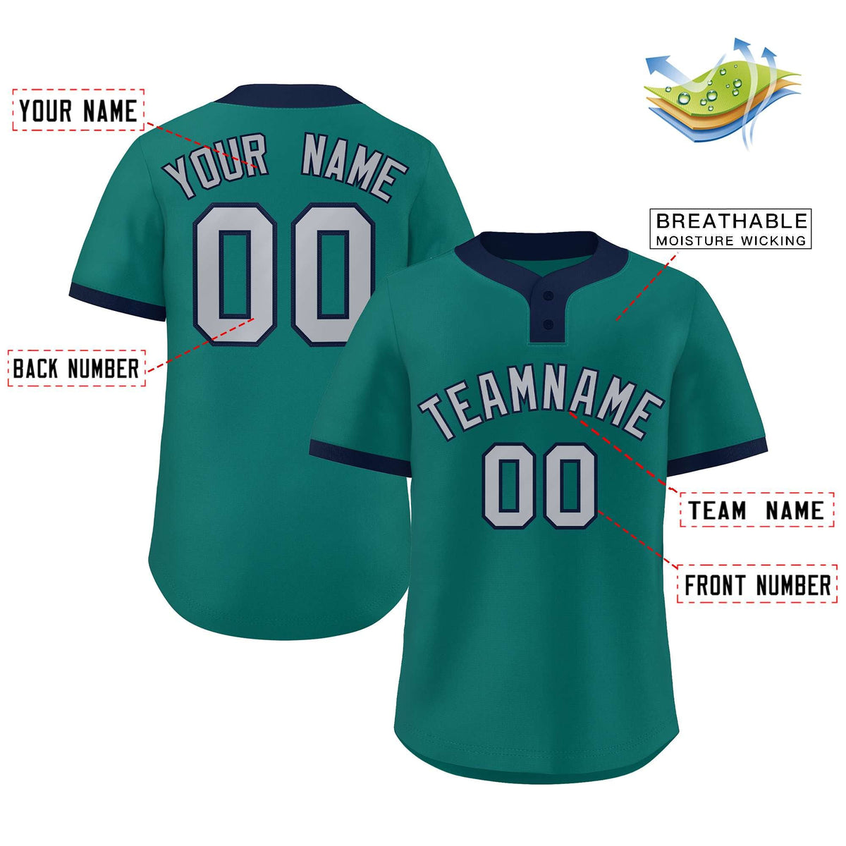 Custom Aqua Gray-Navy Classic Style Authentic Two-Button Softball Jersey Limited