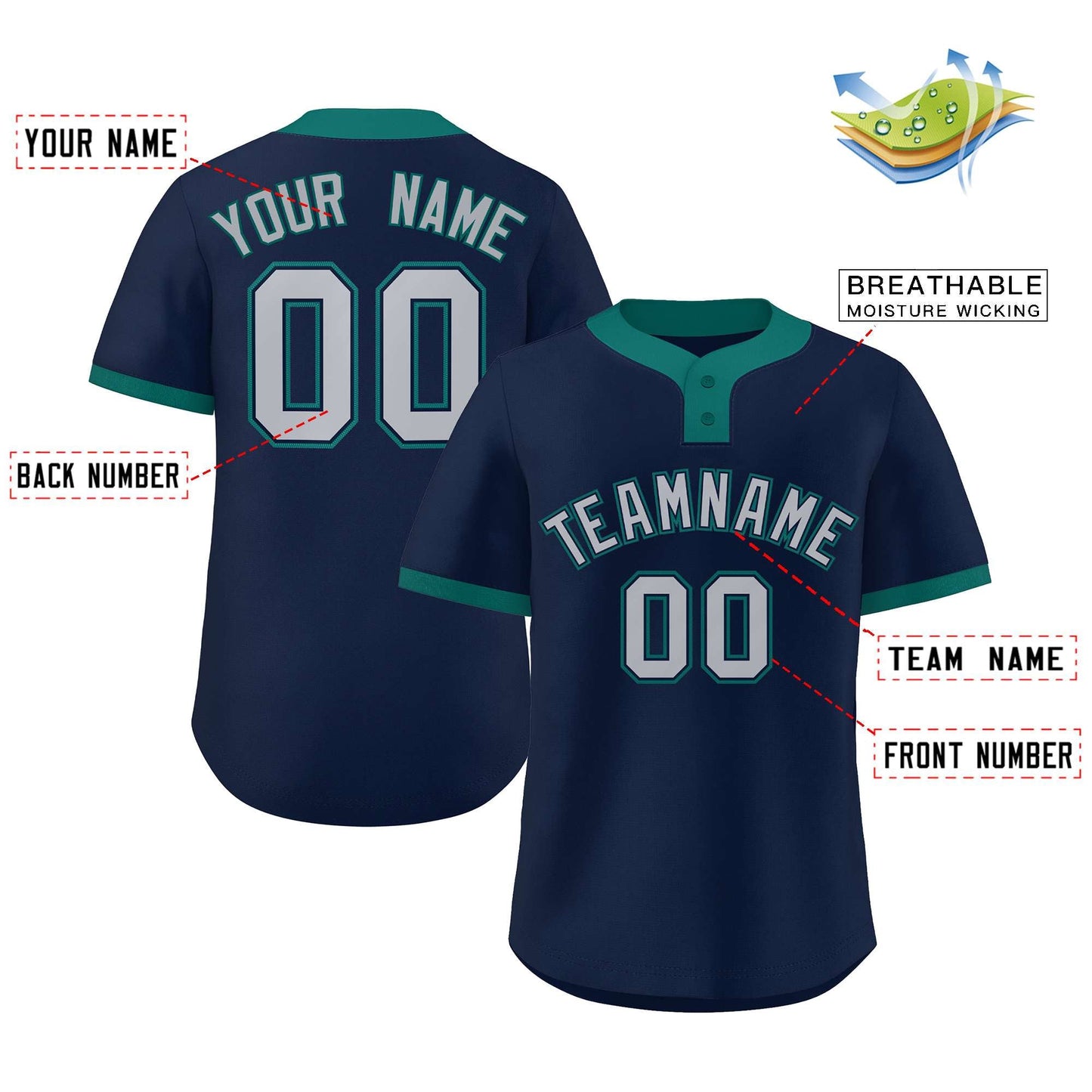 Custom Navy Gray-Aqua Classic Style Authentic Two-Button Softball Jersey Limited