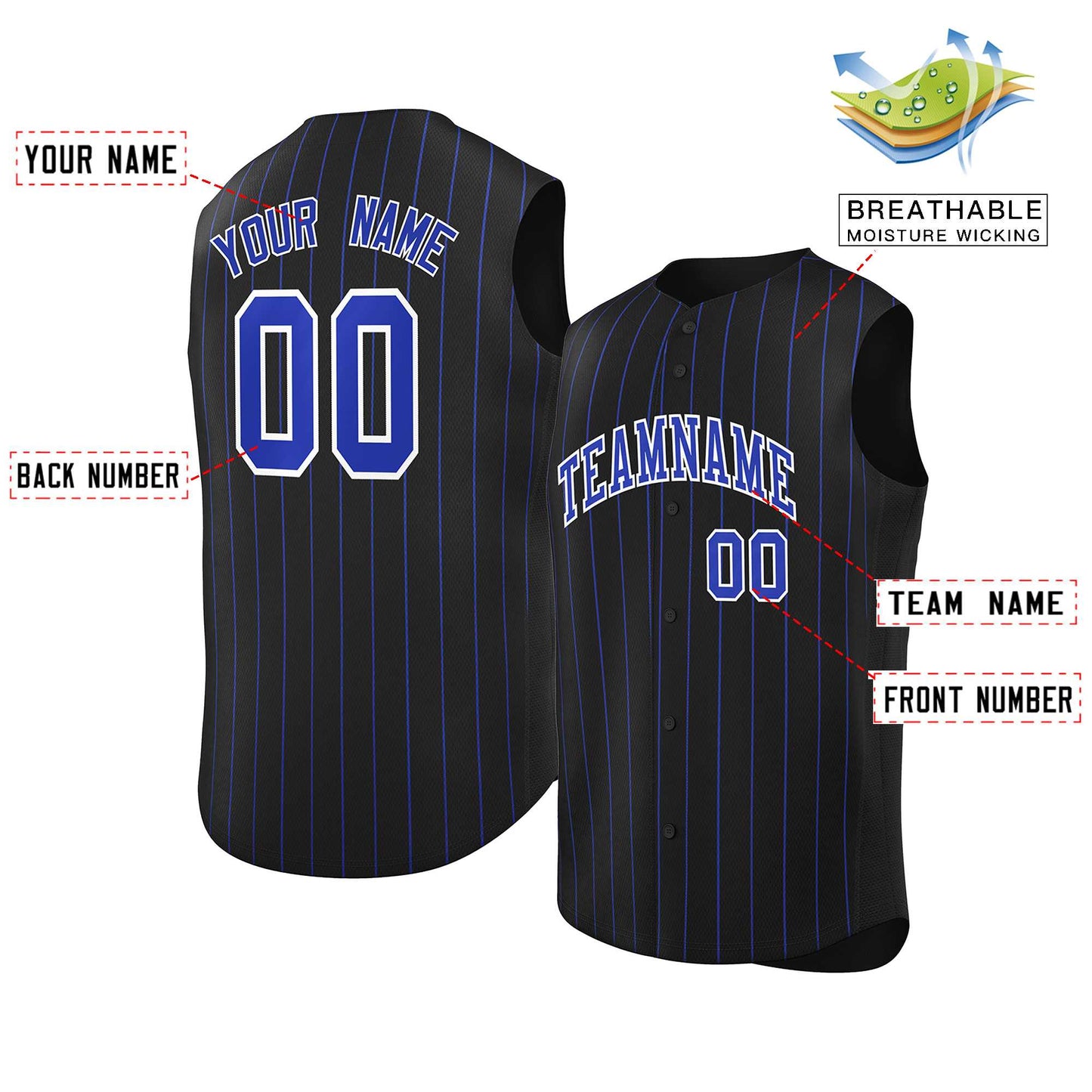 Custom Black Royal-White Sleeveless Stripe Fashion Baseball Jersey Limited