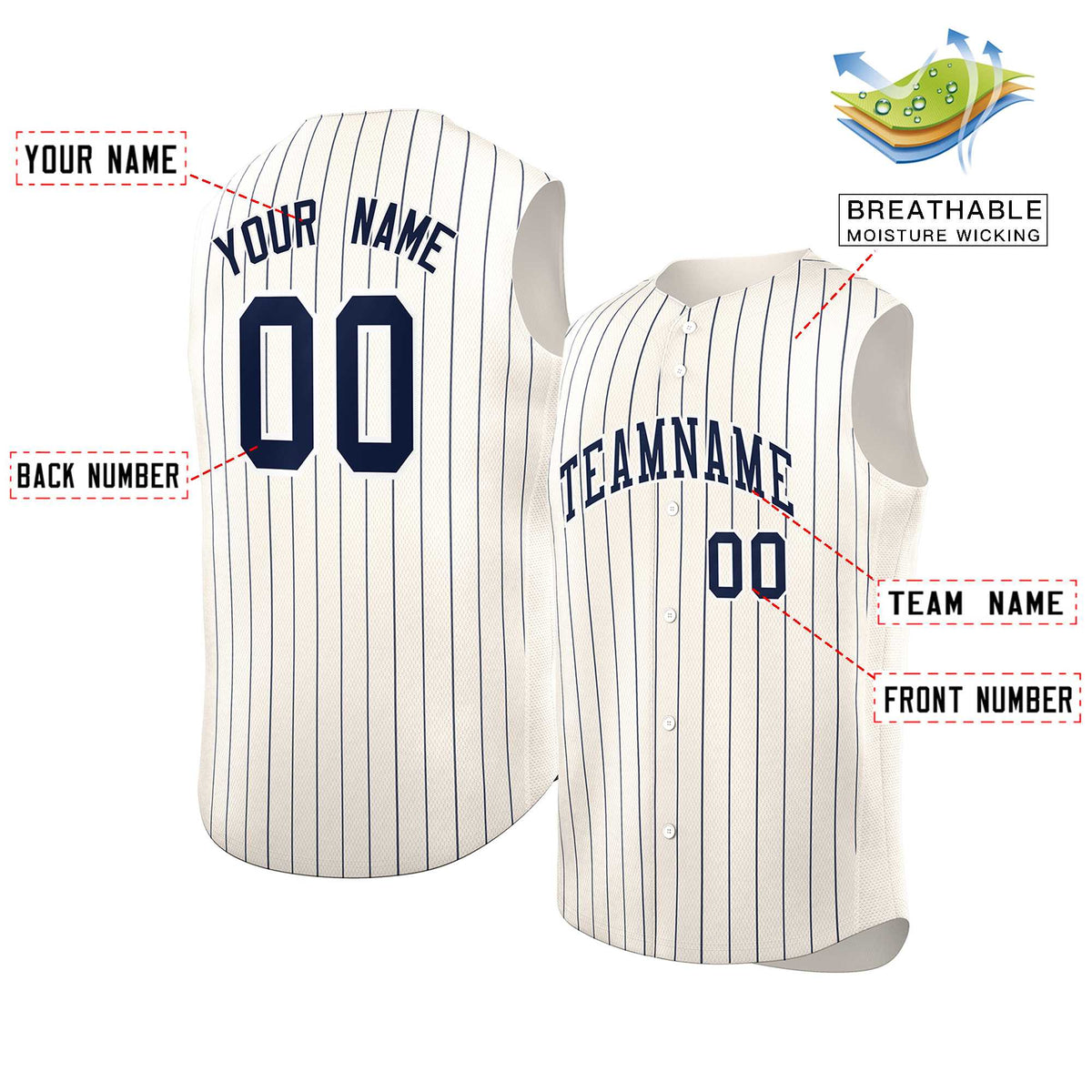 Custom Cream Navy-White Sleeveless Stripe Fashion Baseball Jersey Limited