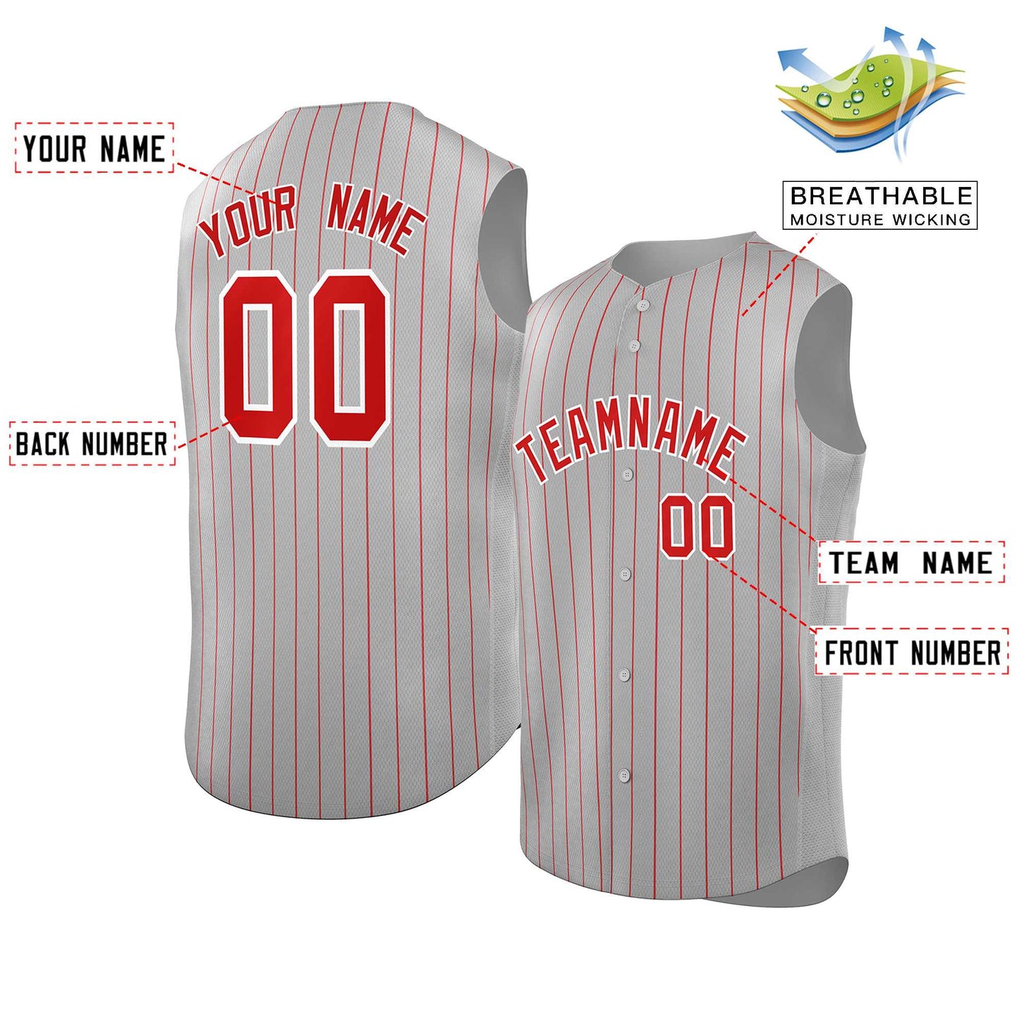 Custom Gray Red-White Sleeveless Stripe Fashion Baseball Jersey Limited