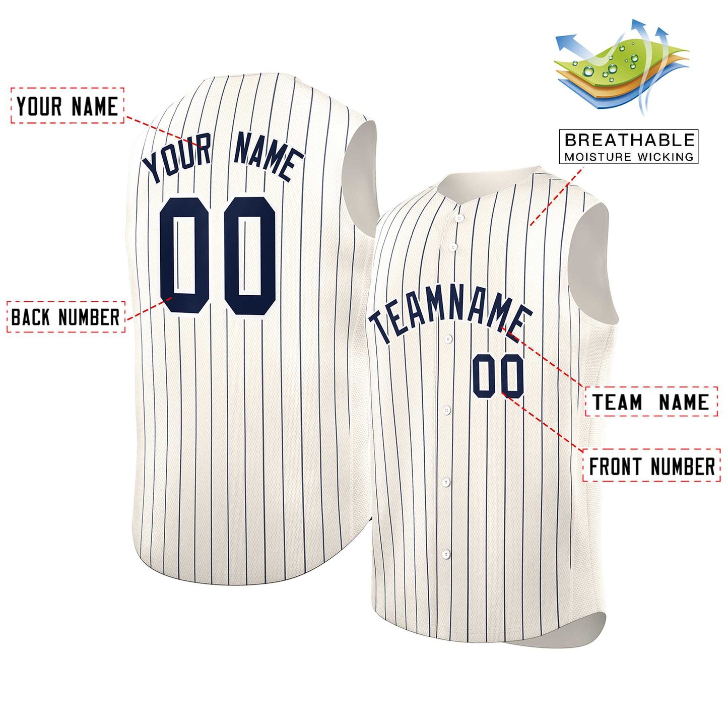 Custom Cream Navy-White Sleeveless Stripe Fashion Baseball Jersey Limited