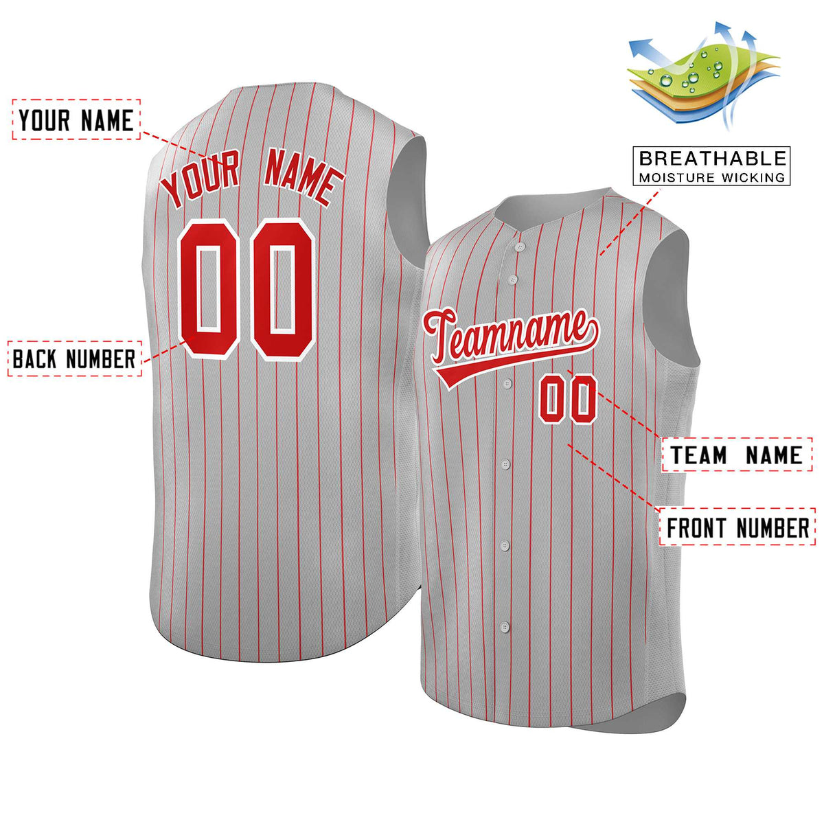 Custom Gray Red-White Sleeveless Stripe Fashion Baseball Jersey Limited