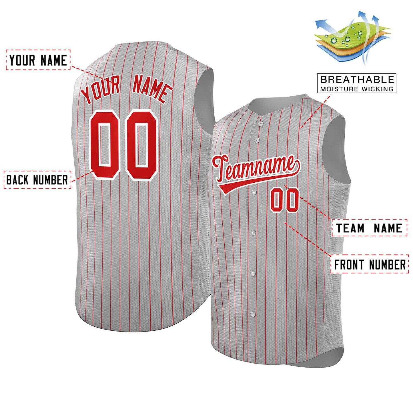 Custom Gray Red-White Sleeveless Stripe Fashion Baseball Jersey Limited