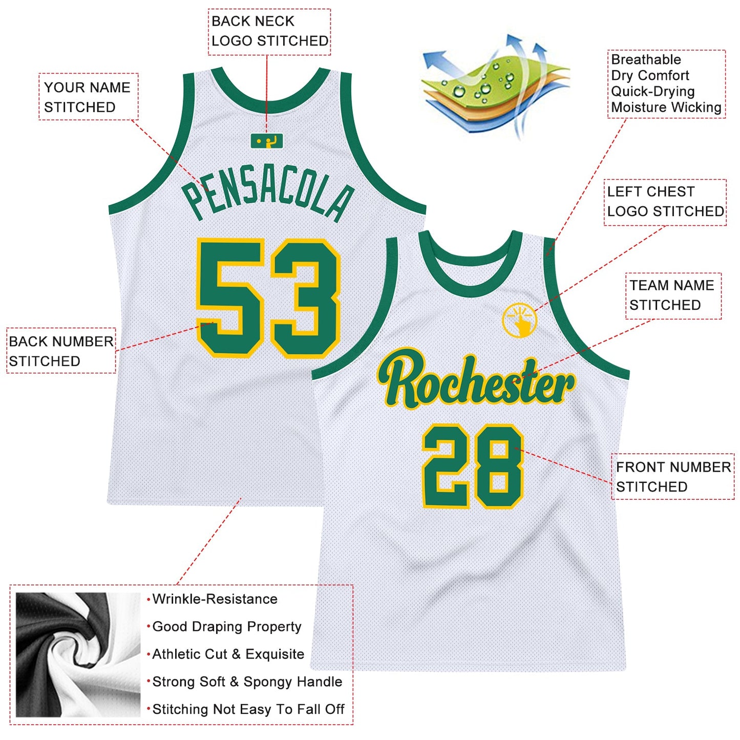 Custom White Kelly Green-Gold Authentic Throwback Basketball Jersey Limited