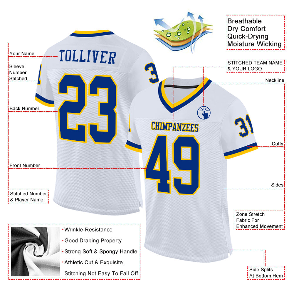 Custom White Royal-Gold Mesh Authentic Throwback Football Jersey Limited