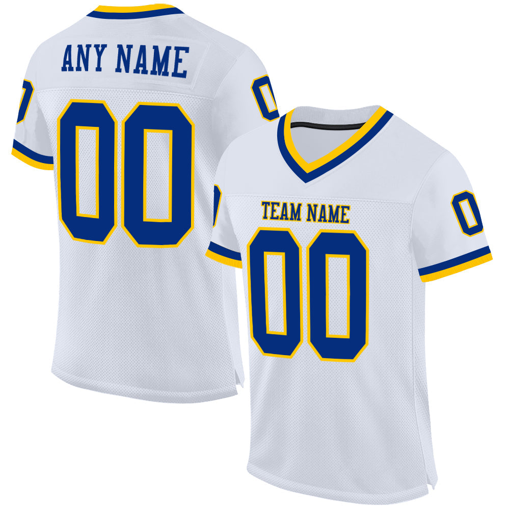 Custom White Royal-Gold Mesh Authentic Throwback Football Jersey Limited