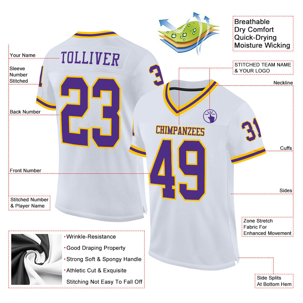 Custom White Purple-Gold Mesh Authentic Throwback Football Jersey Limited