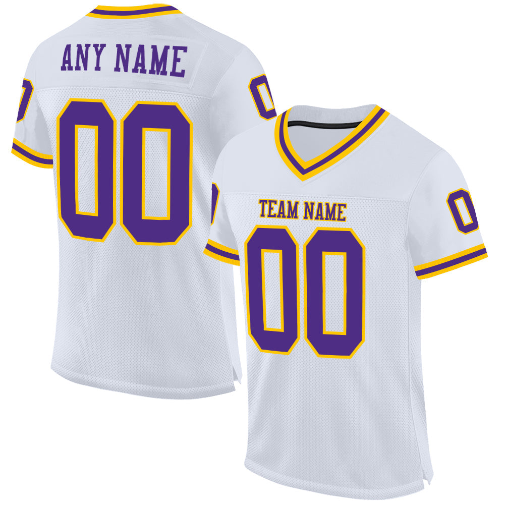 Custom White Purple-Gold Mesh Authentic Throwback Football Jersey Limited