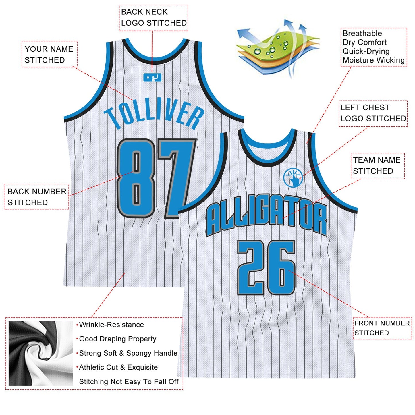 Custom White Black Pinstripe Blue-Gray Authentic Basketball Jersey Limited