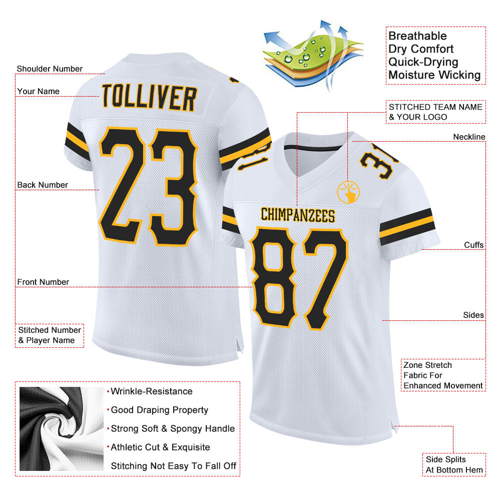 Custom White Black-Gold Mesh Authentic Football Jersey Limited