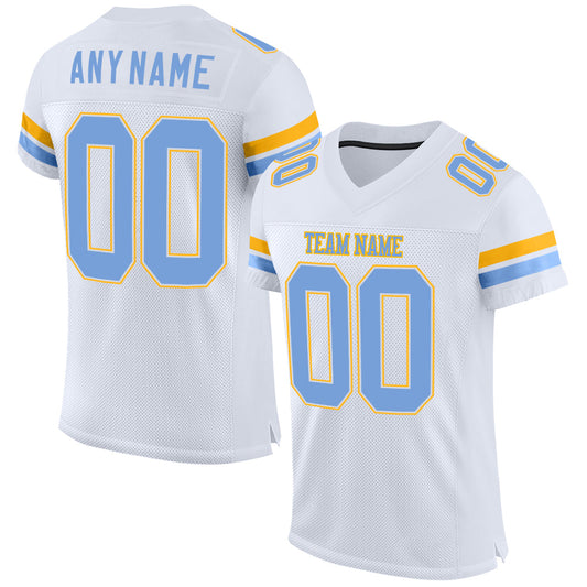 Custom White Light Blue-Gold Mesh Authentic Football Jersey Limited