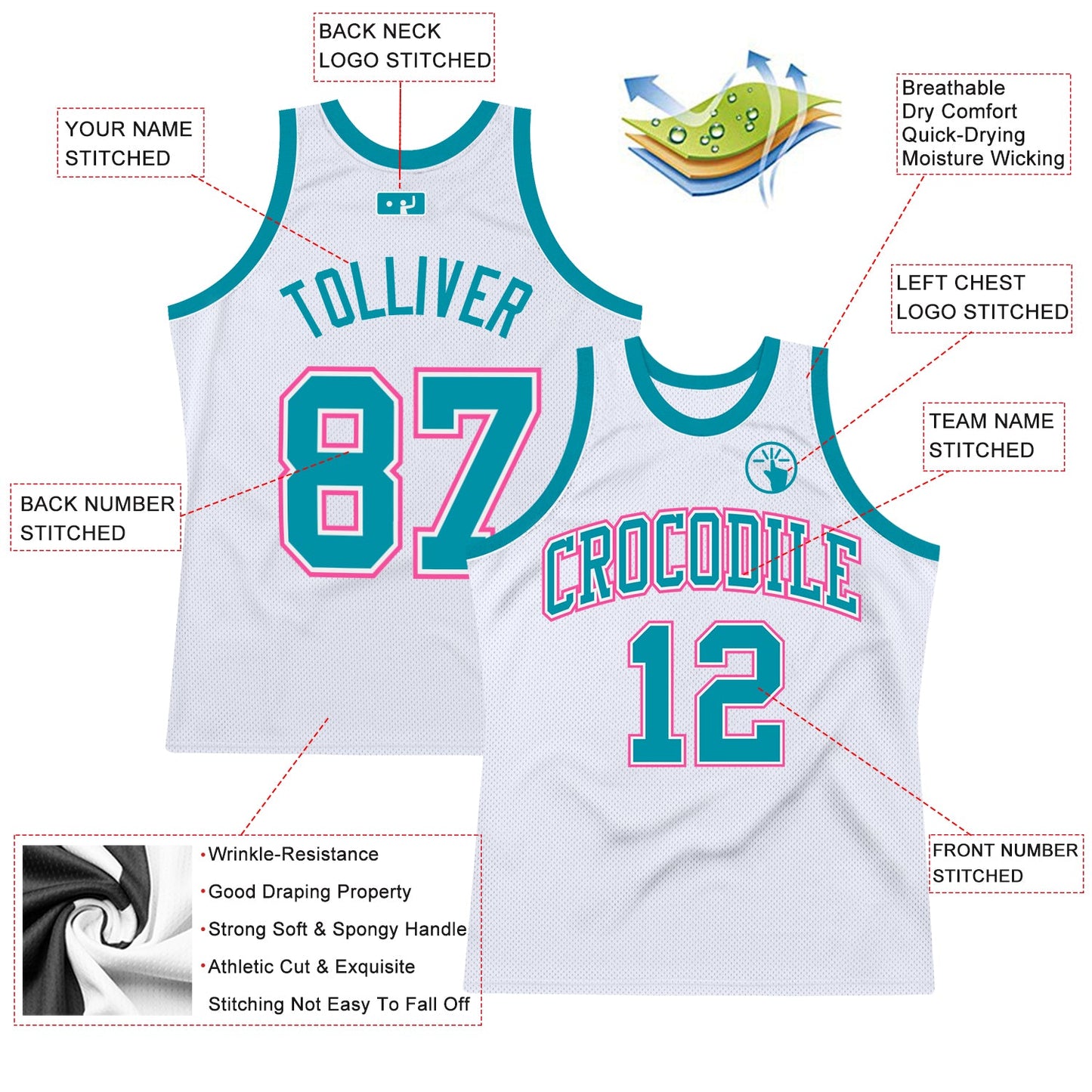 Custom White Teal-Pink Authentic Throwback Basketball Jersey Limited