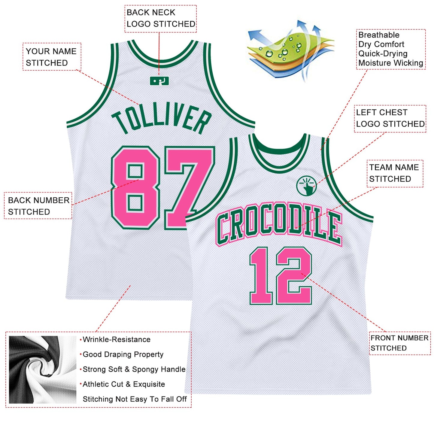 Custom White Pink-Kelly Green Authentic Throwback Basketball Jersey Limited