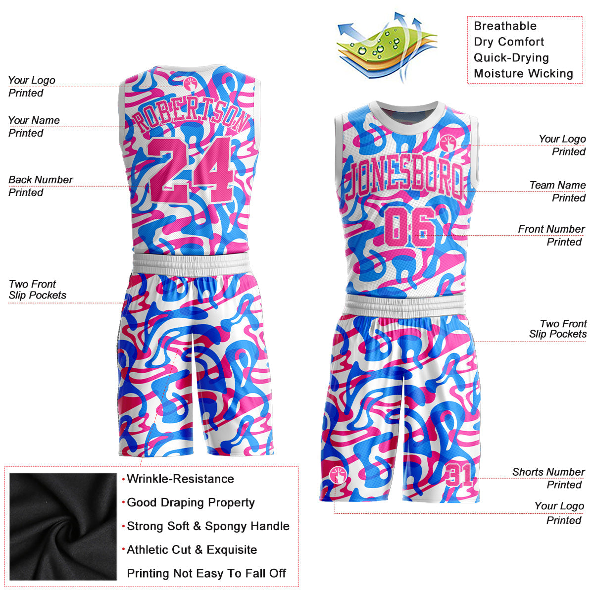 Custom White Pink-Light Blue Music Festival Round Neck Sublimation Basketball Suit Jersey Limited