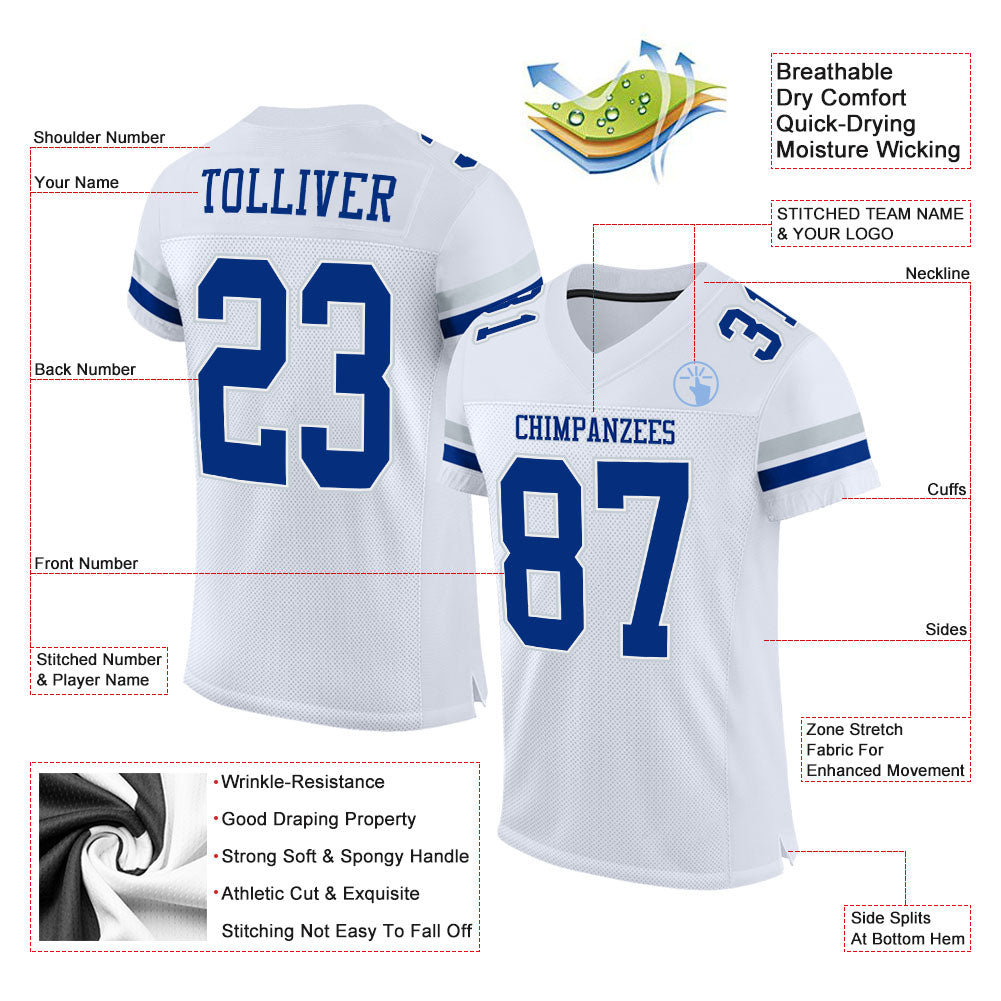 Custom White Royal-Silver Mesh Authentic Football Jersey Limited