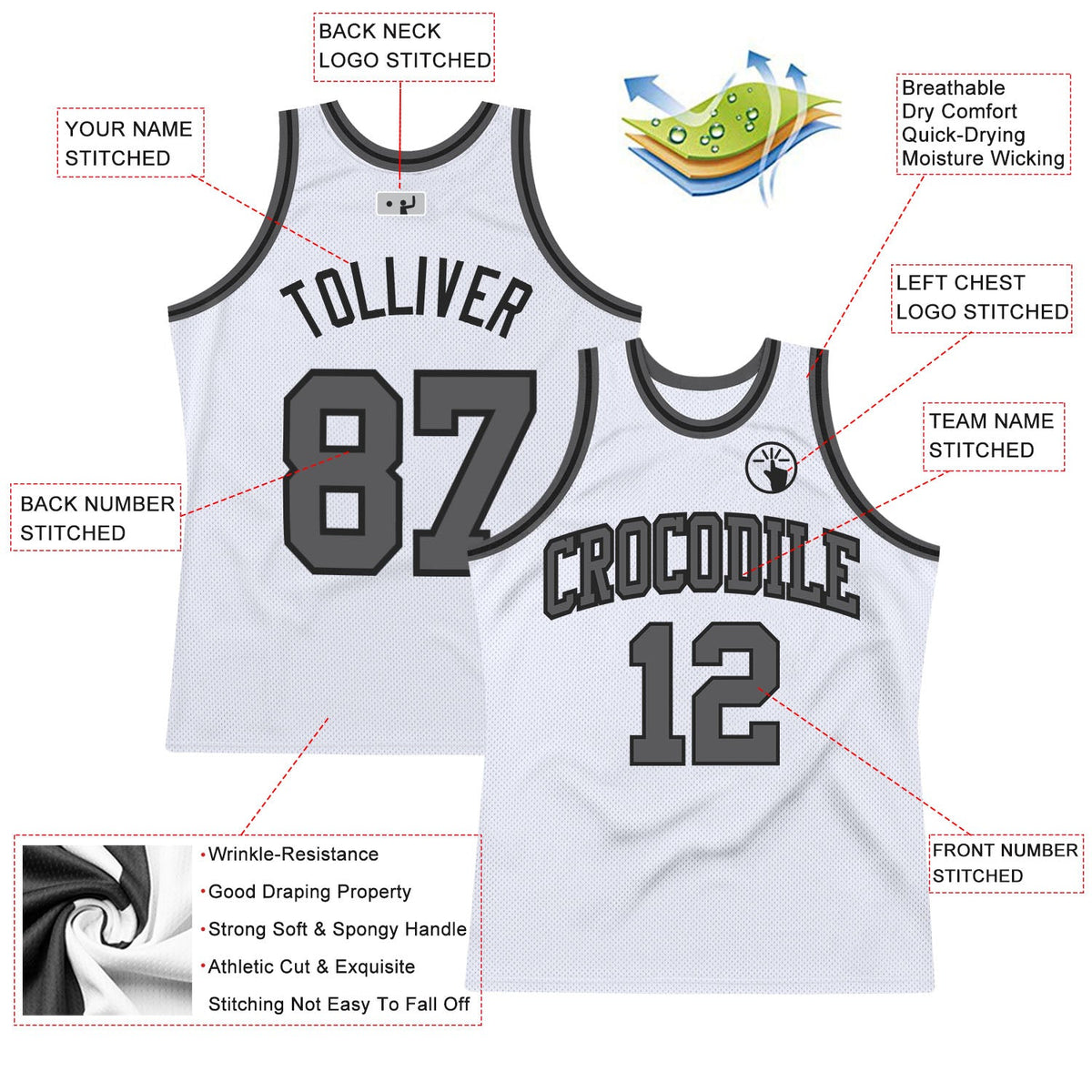 Custom White Steel Gray-Black Authentic Throwback Basketball Jersey Limited