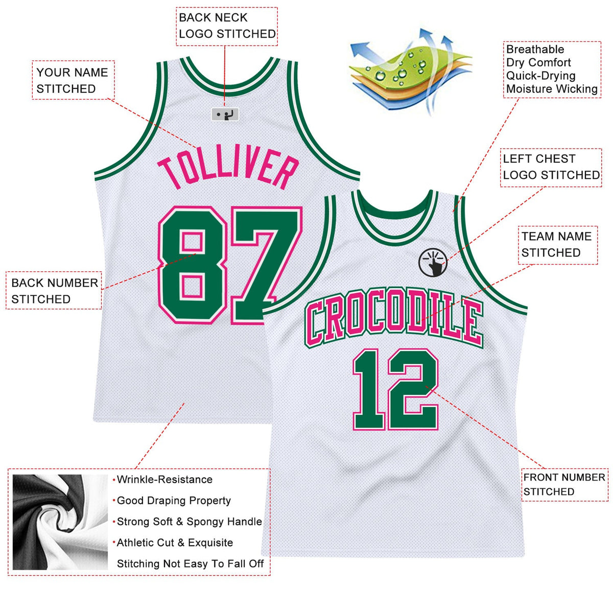 Custom White Kelly Green-Hot Pink Authentic Throwback Basketball Jersey Limited