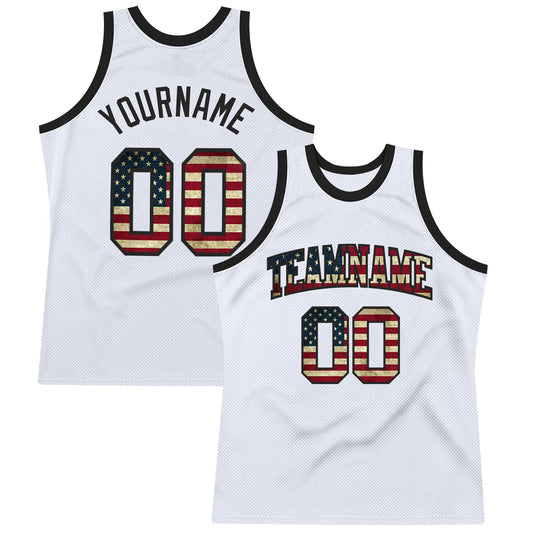 Custom White Vintage Usa Flag-Black Authentic Throwback Basketball Jersey