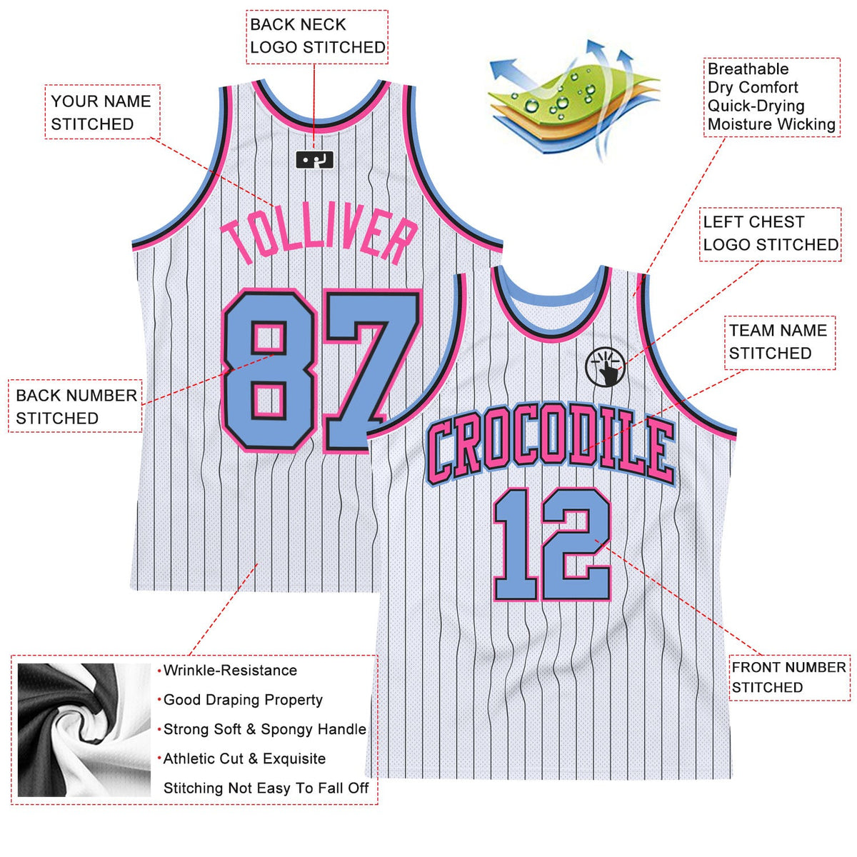Custom White Black Pinstripe Light Blue-Pink Authentic Basketball Jersey Limited