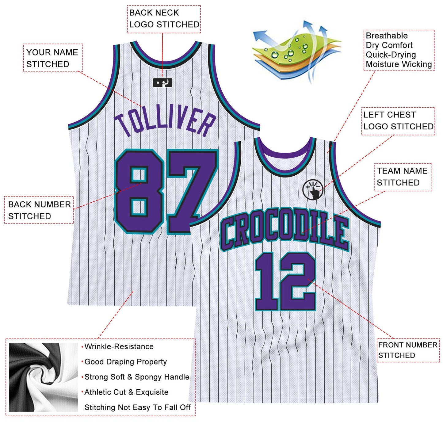Custom White Black Pinstripe Purple-Teal Authentic Basketball Jersey Limited