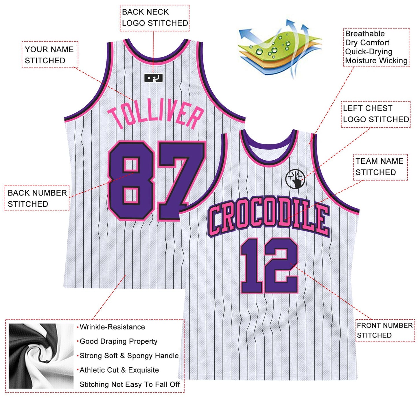Custom White Black Pinstripe Purple-Pink Authentic Basketball Jersey Limited
